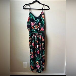 Derek Heart Jumpsuit Hawaiian Floral Tropical Black Spaghetti Straps Size Large